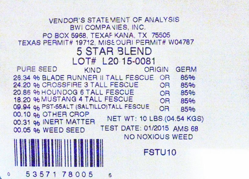 5 Star Turf Type Tall Fescue Label